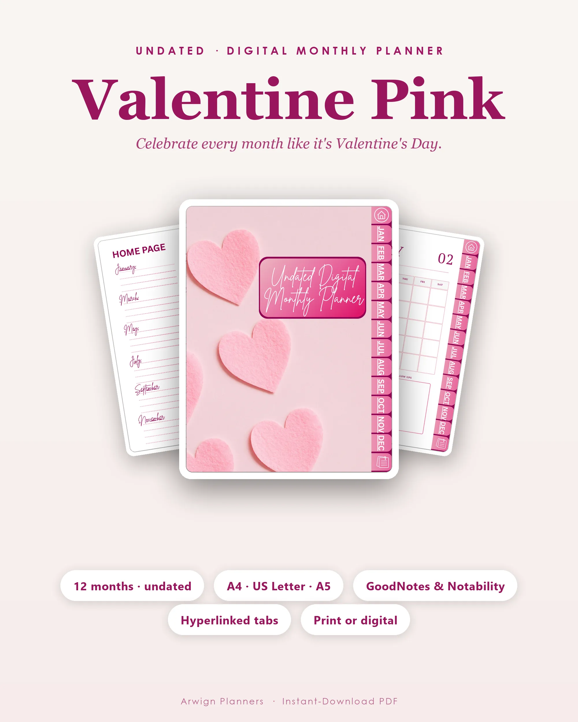 Undated Digital Monthly Planner — Valentine Pink cover