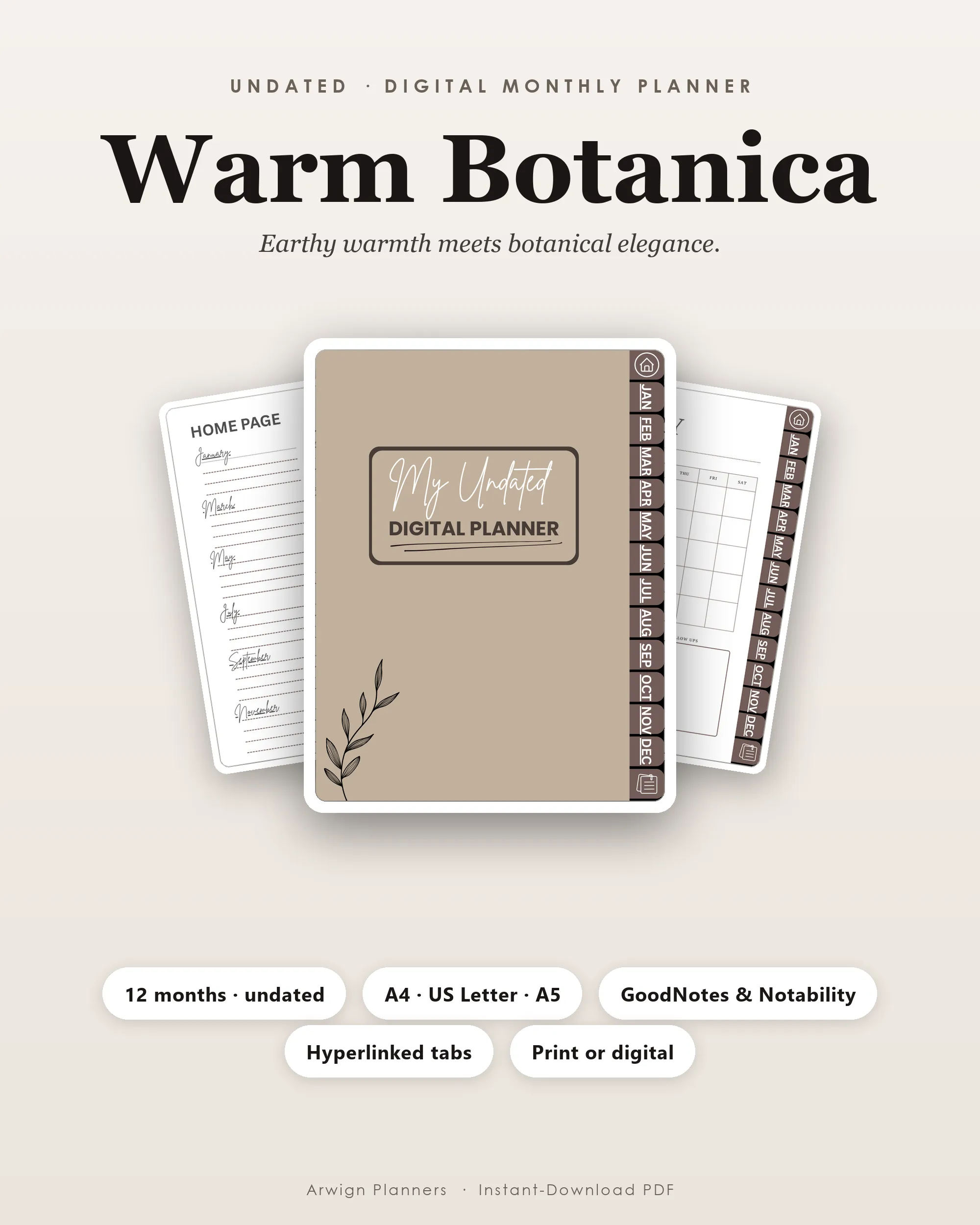 Undated Digital Monthly Planner — Warm Botanica cover